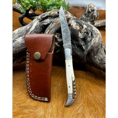 Couteau pliant lame damas 256 couches manche en os de Buffalo avec etui 21cm ref COB01