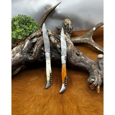Magnifique lot de deux couteaux damas avec tire bouchons manche en bois et en os avec etui en cuir ref L3