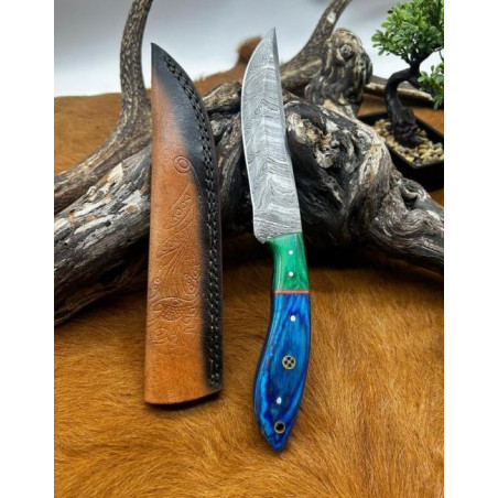Couteau chasse lame damas 256 couches Manche en bois coloré ref D111