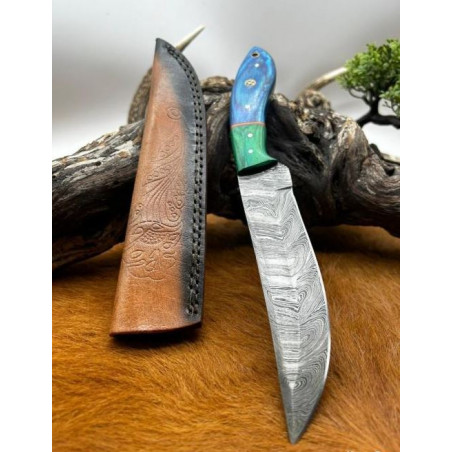 Couteau chasse lame damas 256 couches Manche en bois coloré ref D111
