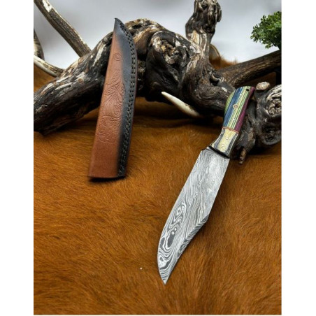 Couteau chasse lame damas 256 couches Manche en bois coloré ref D16