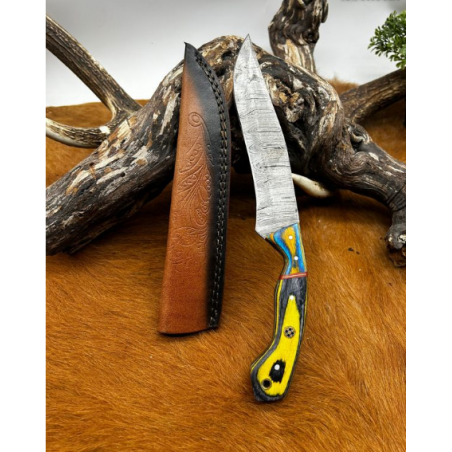 Couteau chasse lame damas 256 couches Manche en bois coloré ref D40.1