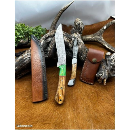 set de Couteau Damas 256 couches manche en bois + petit couteau lame en acier damas manche en Bois ref D30
