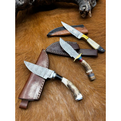 Lot de 3 petits couteaux lame en acier Damas 256 couches fixe avec etui en cuire