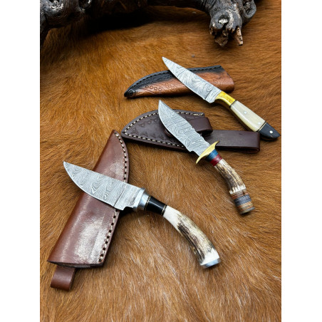 Lot de 3 petits couteaux lame en acier Damas 256 couches fixe avec etui en cuire
