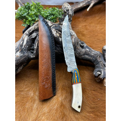 Couteau de chasse lame damas manche en os ref D52