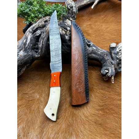 Couteau de chasse lame damas manche en os ref D58