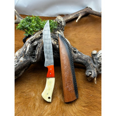 Couteau de chasse lame damas manche en os ref D59