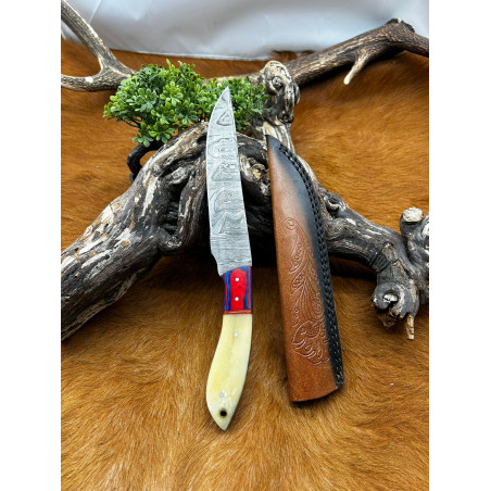 Couteau de chasse lame damas manche en os ref D60