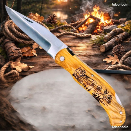 Couteau de poche Pliant manche en Bois Gravé Lièvre (Gravure Prénom Offerte) ref CL01