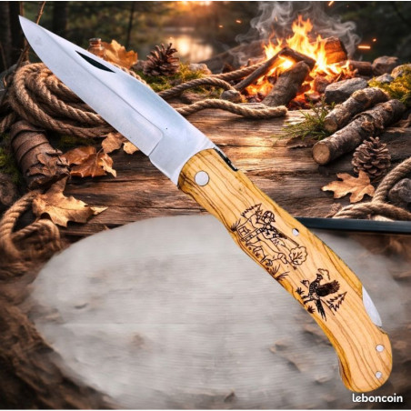 Couteau de poche Pliant manche en Bois Gravé Faisan (Gravure Prénom Offerte) ref CF20