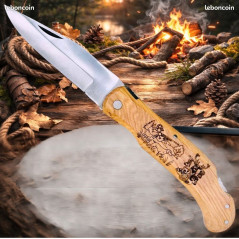 CTD34 : Couteau de poche Pliant manche en Bois Gravé Grand Gibier (Gravure Prénom Offerte) ref CGG10