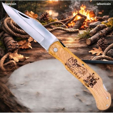 CTD34 : Couteau de poche Pliant manche en Bois Gravé Grand Gibier (Gravure Prénom Offerte) ref CGG10