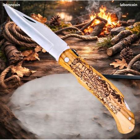 Couteau de poche Pliant manche en Bois Gravé Loup (Gravure Prénom Offerte) ref CL100