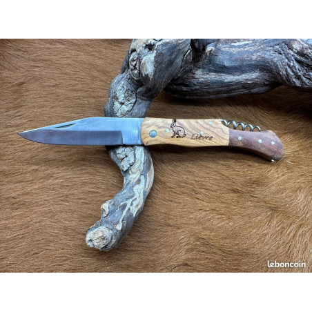 Couteau de Poche Pliant manche en Bois Gravé “Lièvre” (Gravure Prénom Offerte) CNO51