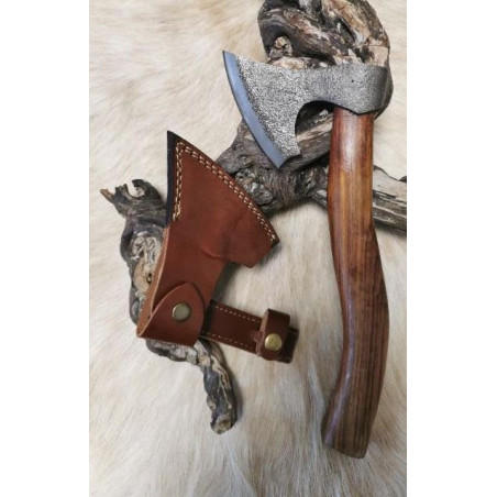 Magnifique hachette en acier brute de forge 1095C RITE EDGE USA VIKING AXE ETUI CUIR