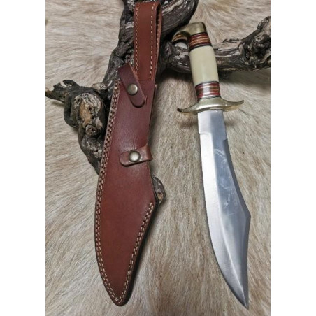 - Poignard Stacked Bowie Frost USA acier 3CR13 manche en os garde et pommeau laiton etui cuir